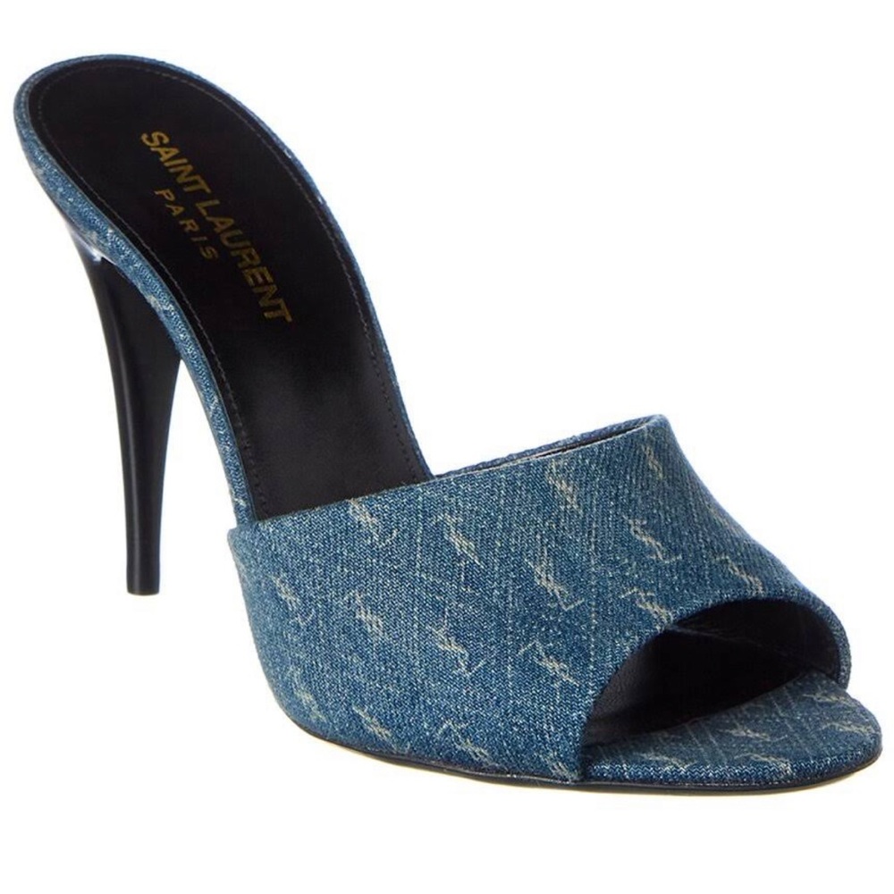 SAINT LAURENT La 16 95 Ysl-Monogram Denim Mules Blue size 41